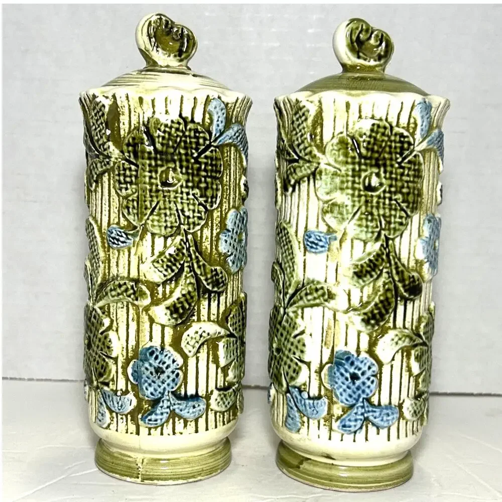 Vintage MCM Green/Blue Floral Inarco Salt‎ and Pepper Shakers